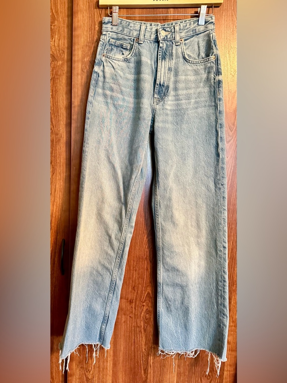 Zara Women Blue Denim Wide Leg High Rise Raw Hem Lyocell Size US 2 EUR 34